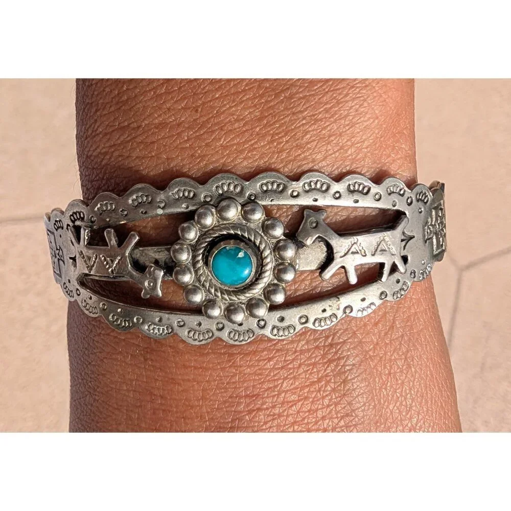 VTG Navajo Nickel Silver & Turquoise Cuff Bracelet Stamped Horses 15.8g Native A